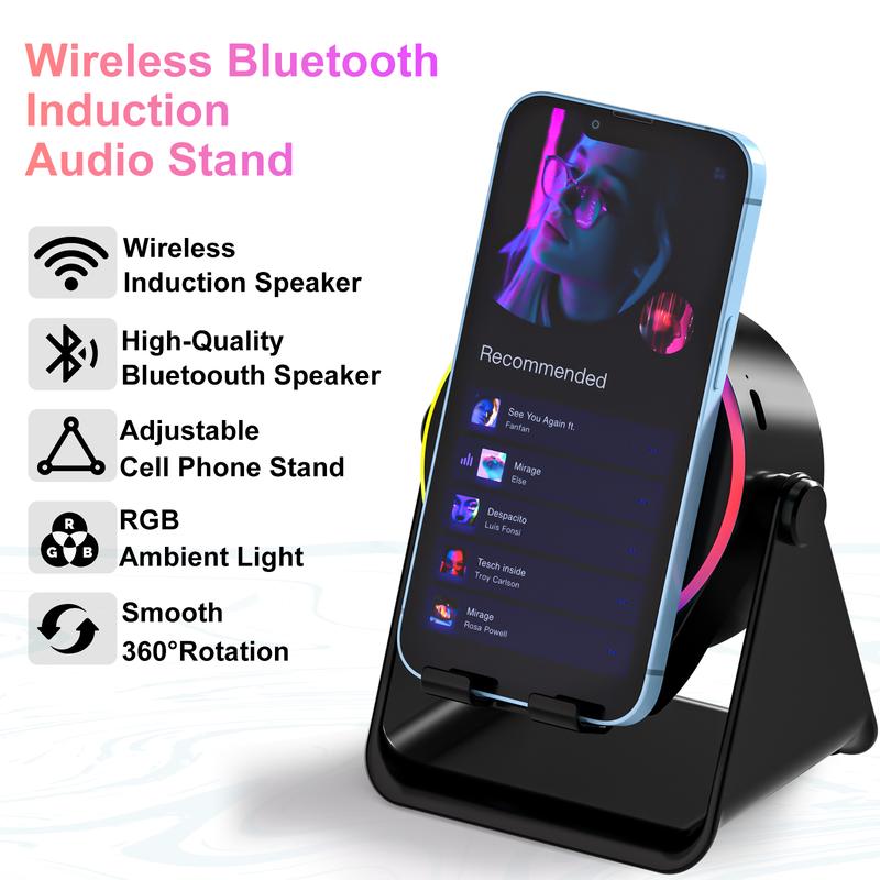 4-in-1 Wireless Audio Dock – Induction + Bluetooth Speaker Stand with RGB Lighting